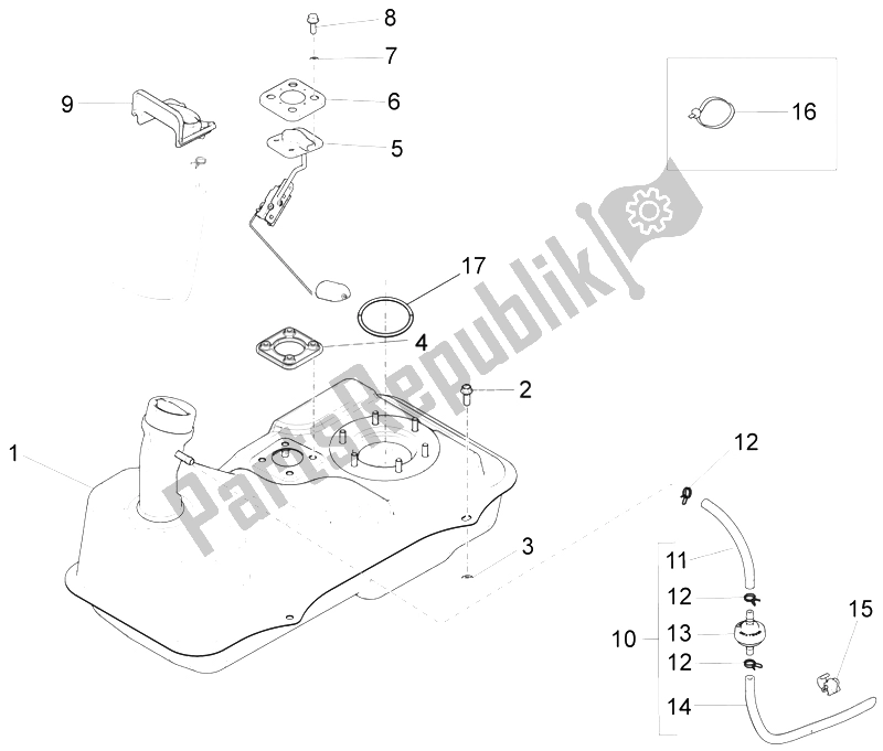 Alle onderdelen voor de Benzinetank van de Piaggio FLY 150 4T E2 E3 Vietnam 2012