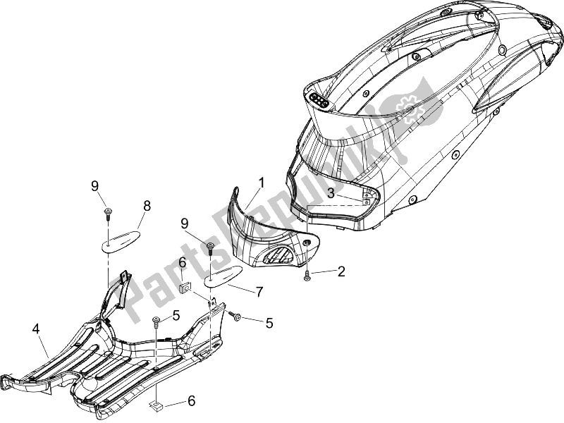 Alle onderdelen voor de Centrale Afdekking - Voetsteunen van de Piaggio Liberty 125 4T PTT E3 A 2007