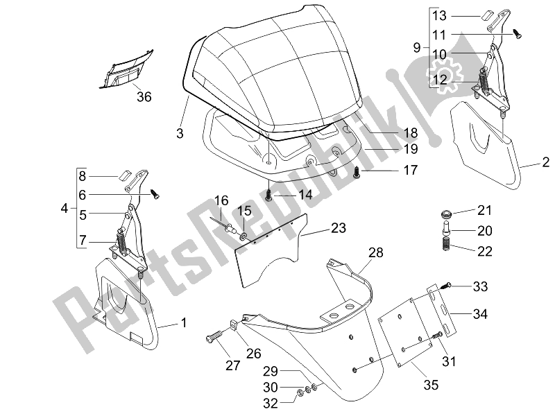 Toutes les pièces pour le Capot Arrière - Protection Contre Les éclaboussures du Piaggio X8 125 Premium Euro 3 2007