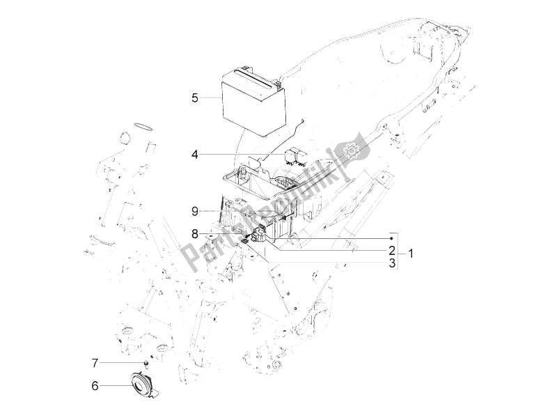 All parts for the Remote Control Switches - Battery - Horn of the Piaggio BV 350 4T 4V IE E3 USA CA 2012