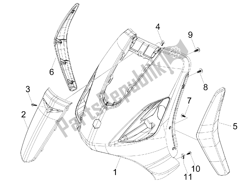 Toutes les pièces pour le Bouclier Avant du Piaggio FLY 50 4T 25 30 KMH 2008