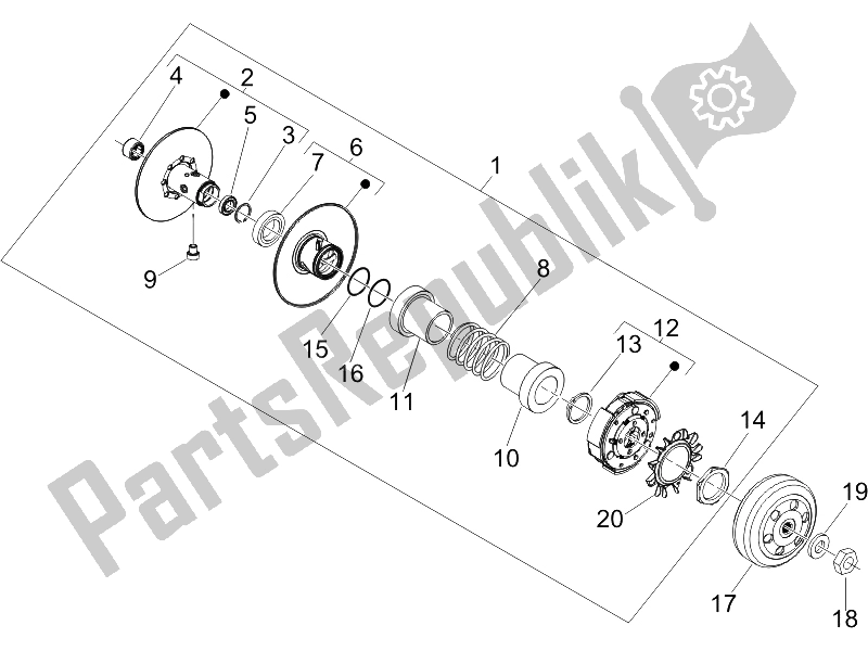 All parts for the Driven Pulley of the Piaggio X8 250 IE UK 2005