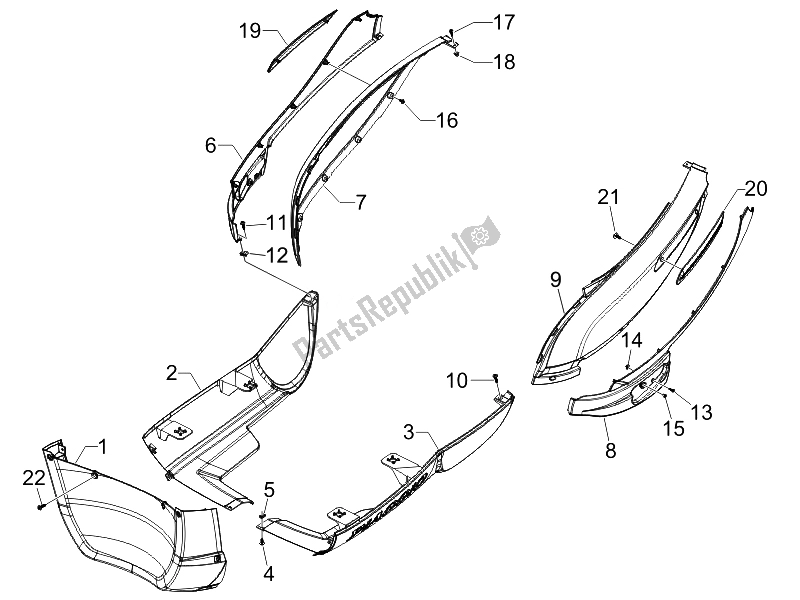 Toutes les pièces pour le Couvercle Latéral - Spoiler du Piaggio Carnaby 125 4T E3 2007