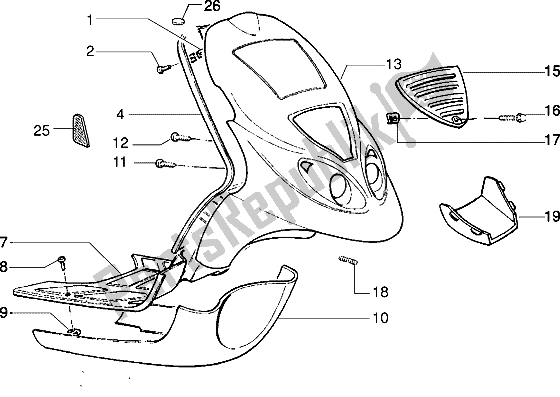 All parts for the Front Shield-footboard-spoiler of the Piaggio NRG MC3 50 2002