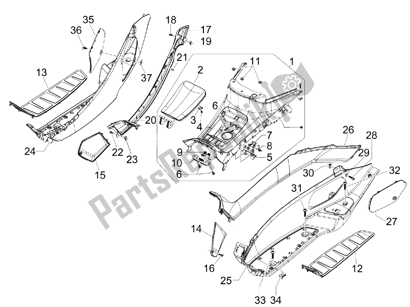 Tutte le parti per il Copertura Centrale - Poggiapiedi del Piaggio MP3 125 IE 2008