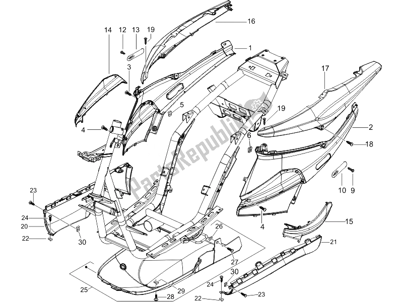 Alle onderdelen voor de Zijdeksel - Spoiler van de Piaggio NRG Power Pure JET 50 2010