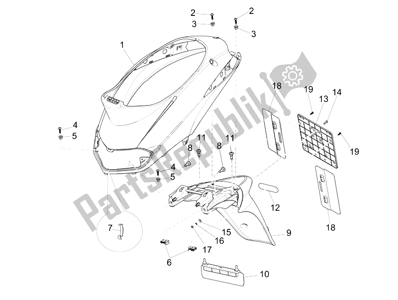 Toutes les pièces pour le Capot Arrière - Protection Contre Les éclaboussures du Piaggio Liberty 150 4T 3V IE LEM 2014