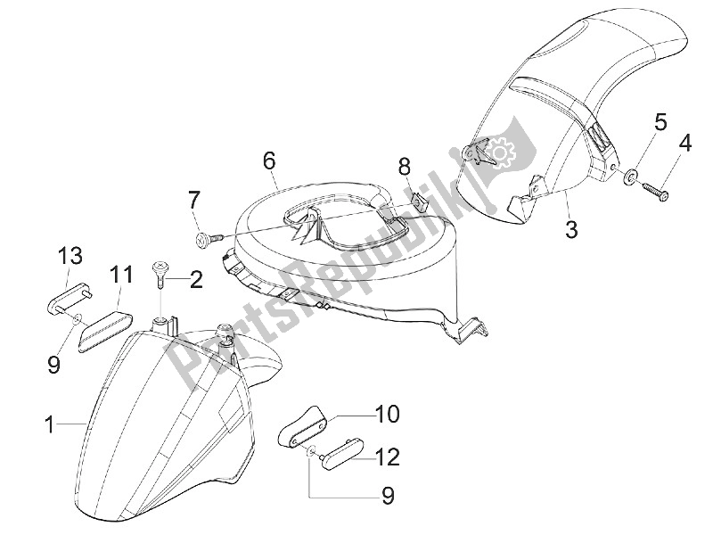 All parts for the Wheel Huosing - Mudguard of the Piaggio FLY 50 4T 4V USA 2011