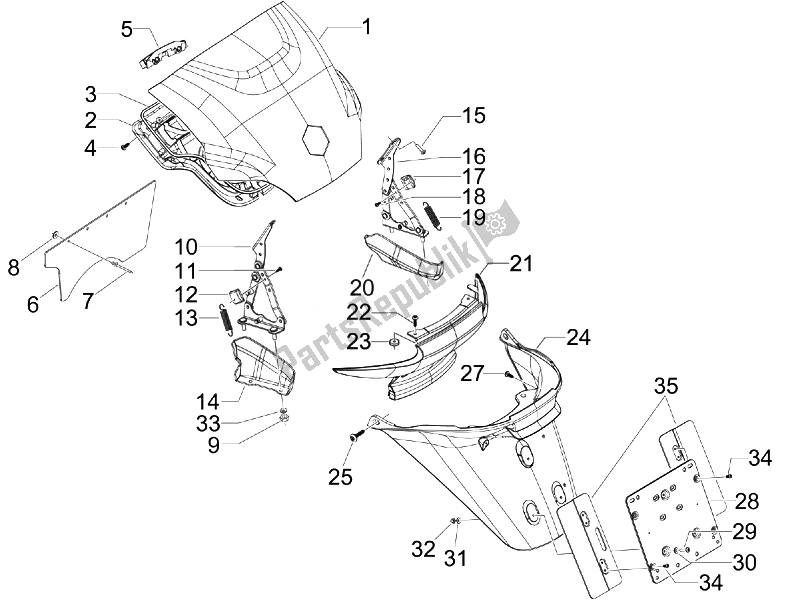 All parts for the Rear Cover - Splash Guard of the Piaggio MP3 300 4T 4V IE LT Ibrido 2010