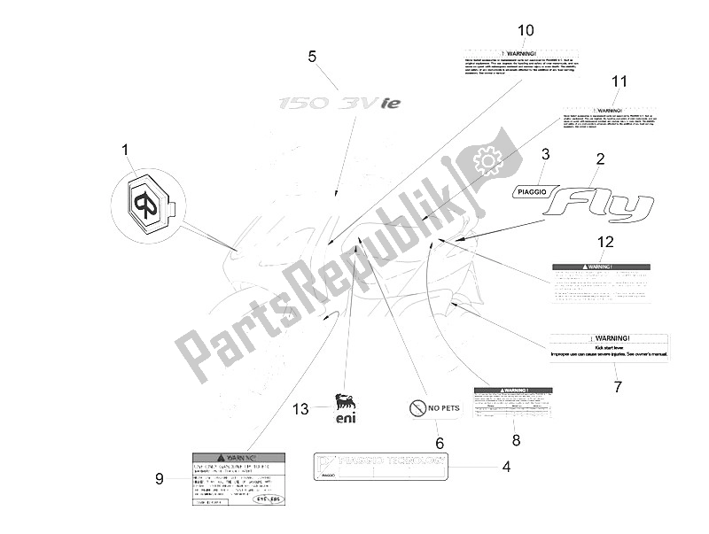 Alle onderdelen voor de Borden - Emblemen van de Piaggio FLY 150 4T 3V IE USA 2016