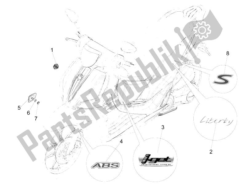 Alle onderdelen voor de Borden - Emblemen van de Piaggio Liberty 125 Iget 4T 3V IE ABS Asia 2015