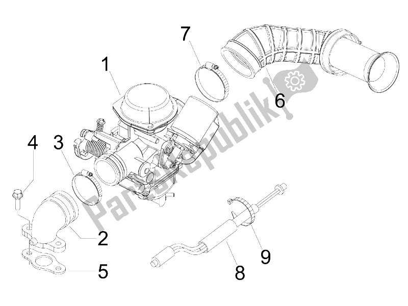 All parts for the Carburettor, Assembly - Union Pipe of the Piaggio FLY 125 4T E3 2009