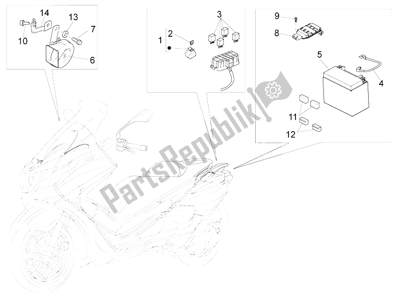 Tutte le parti per il Interruttori Del Telecomando - Batteria - Avvisatore Acustico del Piaggio X 10 500 4T 4V I E E3 2012