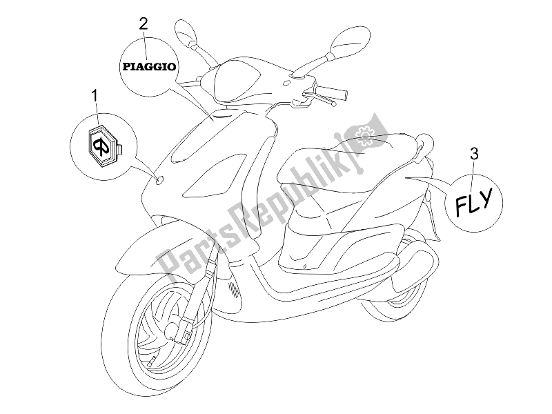 Toutes les pièces pour le Plaques - Emblèmes du Piaggio FLY 50 2T 25 KMH B NL 2005