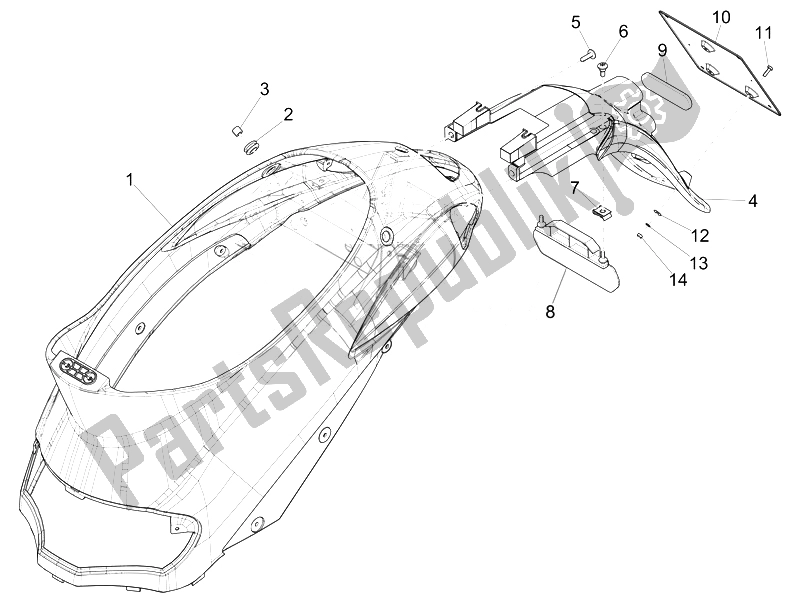 Toutes les pièces pour le Capot Arrière - Protection Contre Les éclaboussures du Piaggio Liberty 50 4T PTT 2014