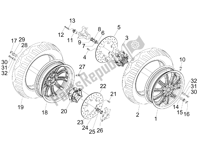 All parts for the Front Wheel of the Piaggio MP3 125 Ibrido 2009