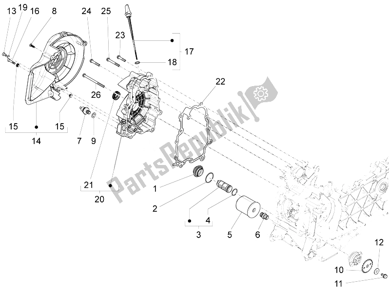 Alle onderdelen voor de Vliegwiel Magneto Deksel - Oliefilter van de Piaggio FLY 125 4T 3V IE E3 DT 2014