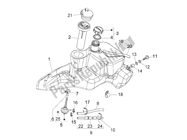 All parts for the Fuel Tank of the Piaggio FLY 50 4T 4V USA 2011