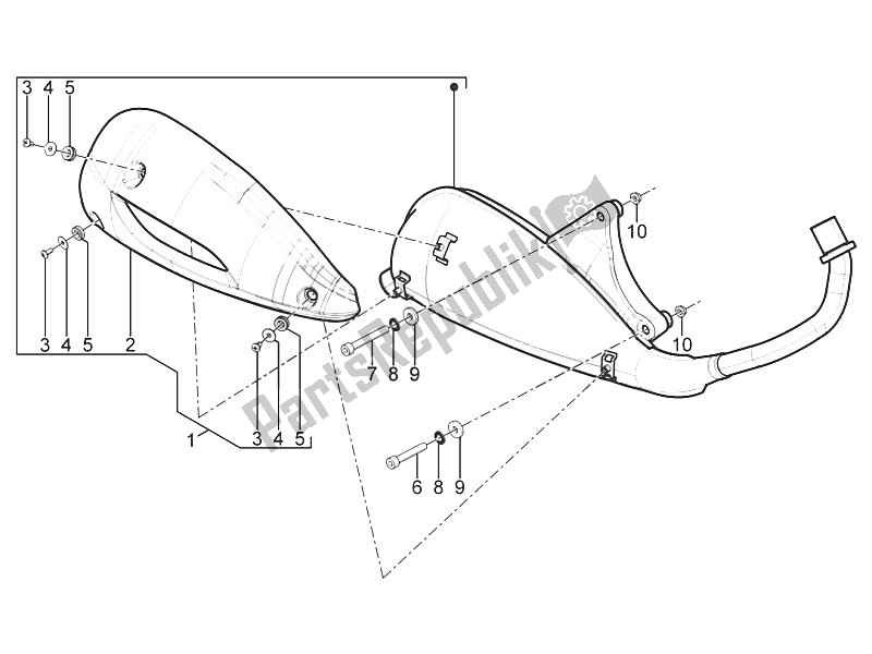 Toutes les pièces pour le Silencieux du Piaggio Typhoon 125 4T 2V E3 USA 2011