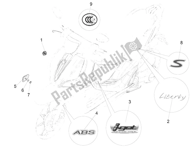 All parts for the Plates - Emblems of the Piaggio Liberty 150 Iget 4T 3V IE ABS Asia 2016