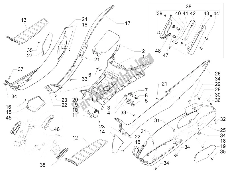 All parts for the Central Cover - Footrests of the Piaggio MP3 500 LT E4 Sport Business EU 2016