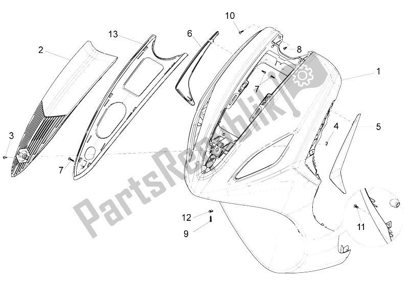 Toutes les pièces pour le Bouclier Avant du Piaggio FLY 50 4T 4V 2012