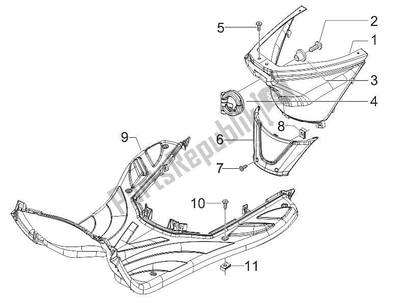 All parts for the Central Cover - Footrests of the Piaggio FLY 50 4T 4V USA 2011