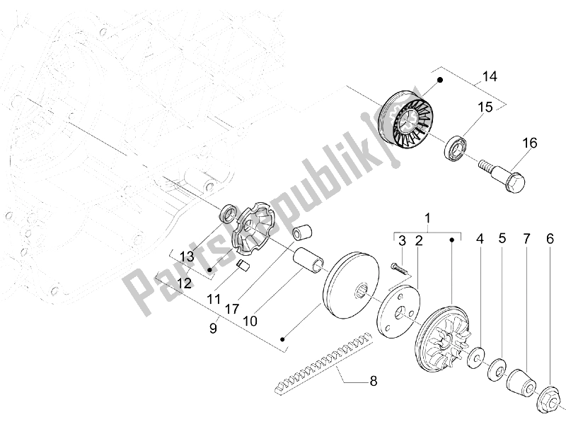 All parts for the Driving Pulley of the Piaggio Beverly 250 2005