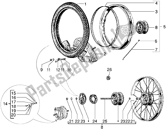 All parts for the Front Wheel (25 Kmh Version) of the Piaggio Ciao 50 1996