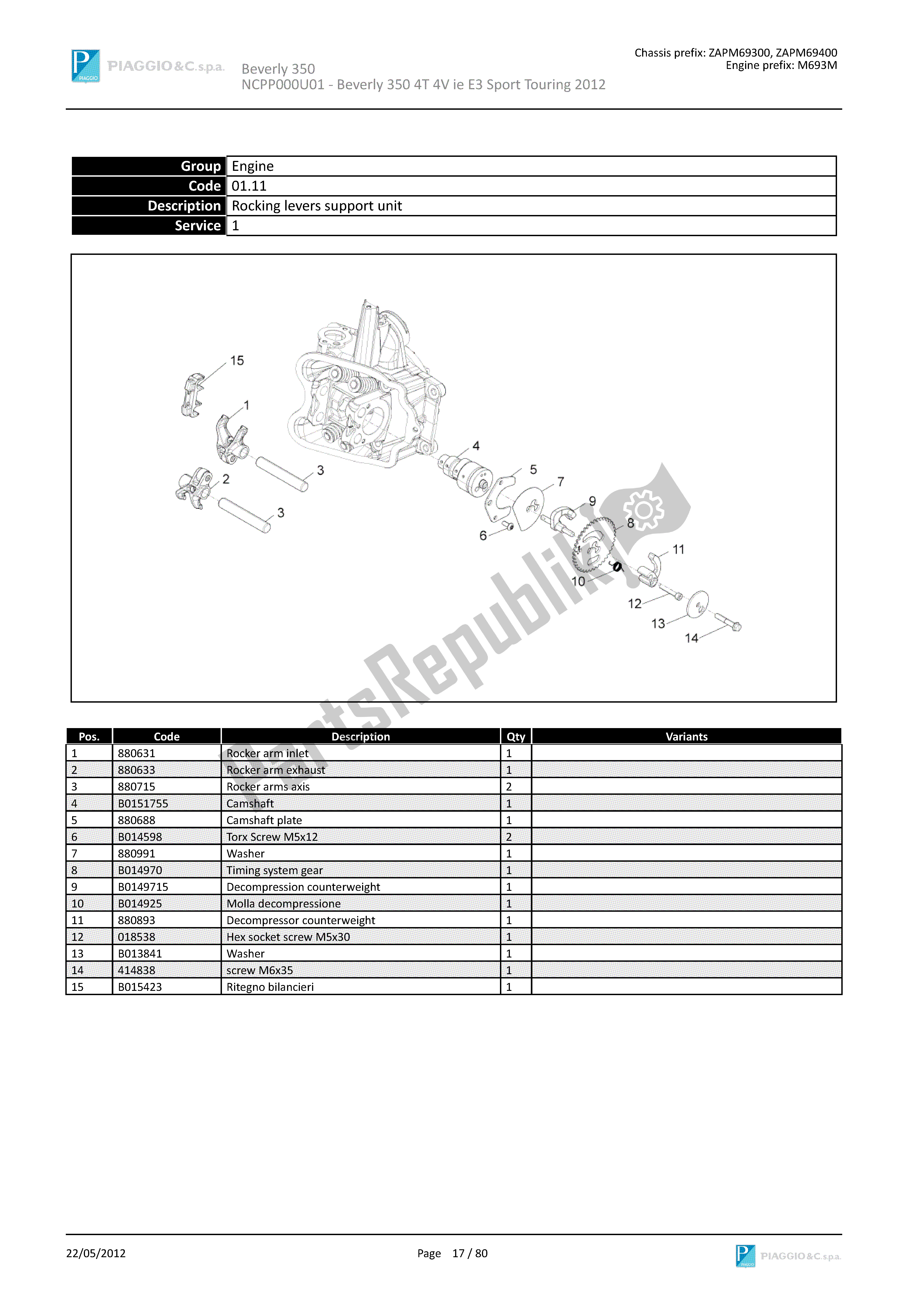 Toutes les pièces pour le Leviers à Bascule Support Unité du Piaggio Beverly 350 2011 - 2014