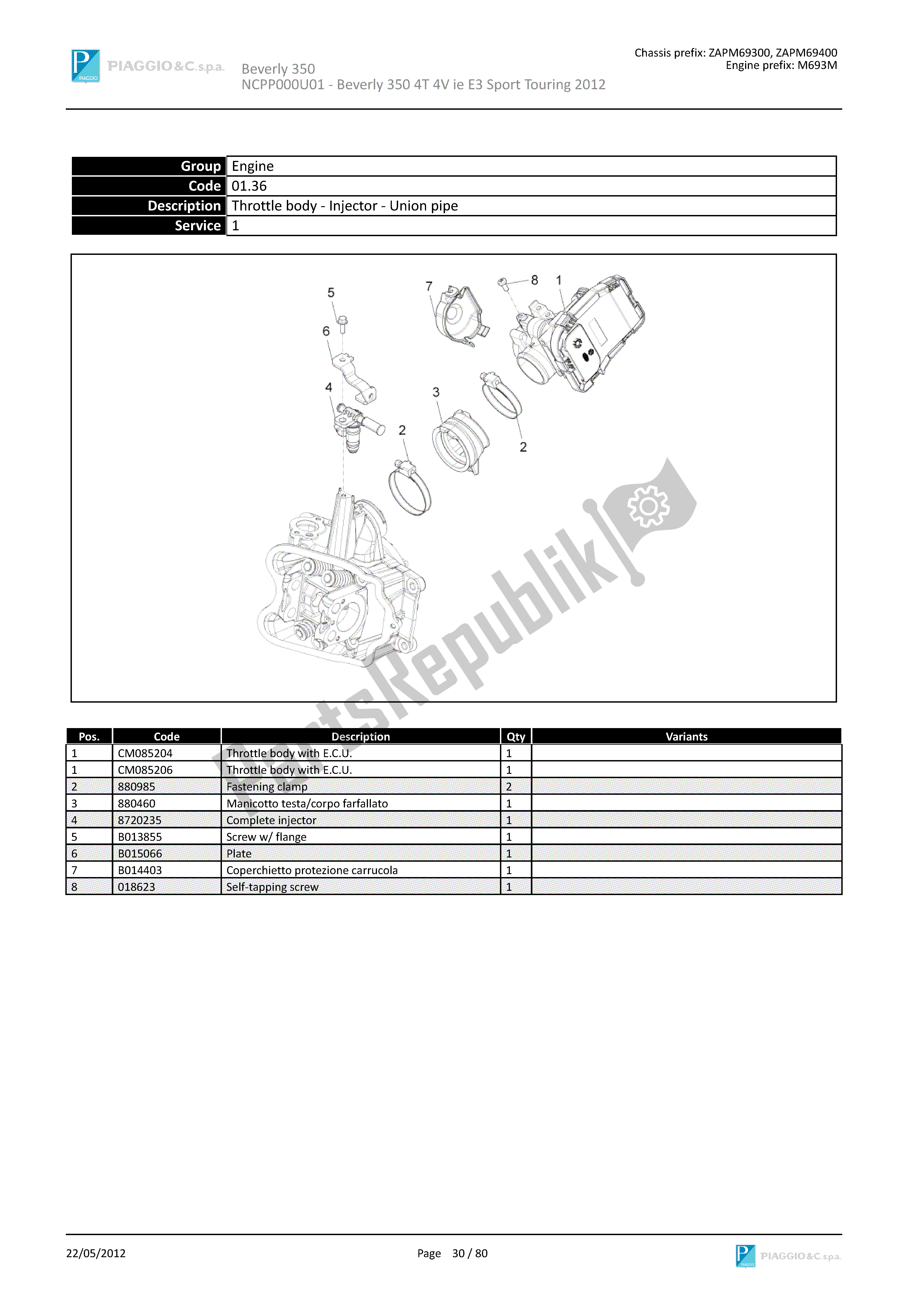 Todas las partes para Cuerpo Del Acelerador - Inyector - Tubo De Unión de Piaggio Beverly 350 2011 - 2014