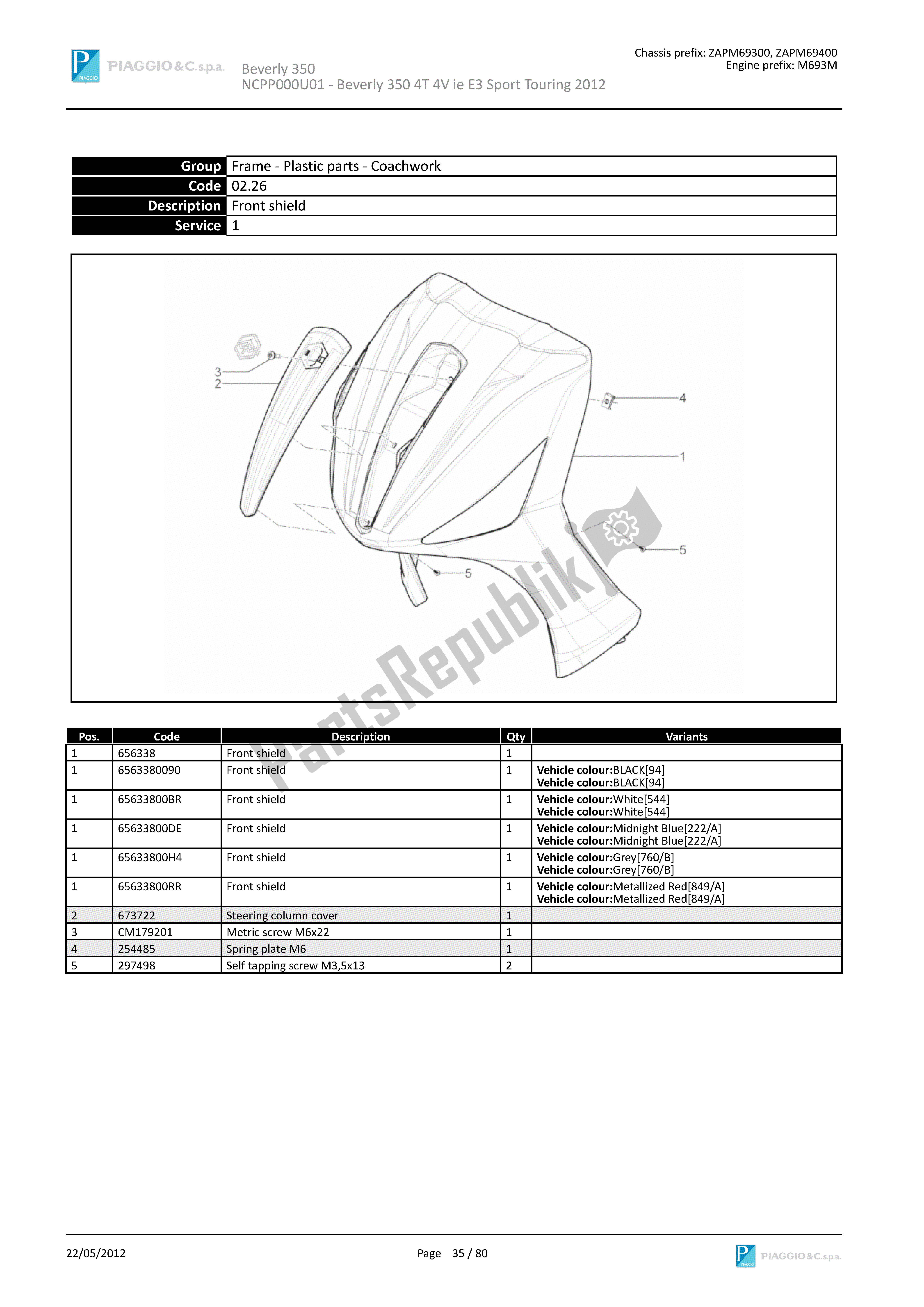 All parts for the Front Shield of the Piaggio Beverly 350 2011 - 2014