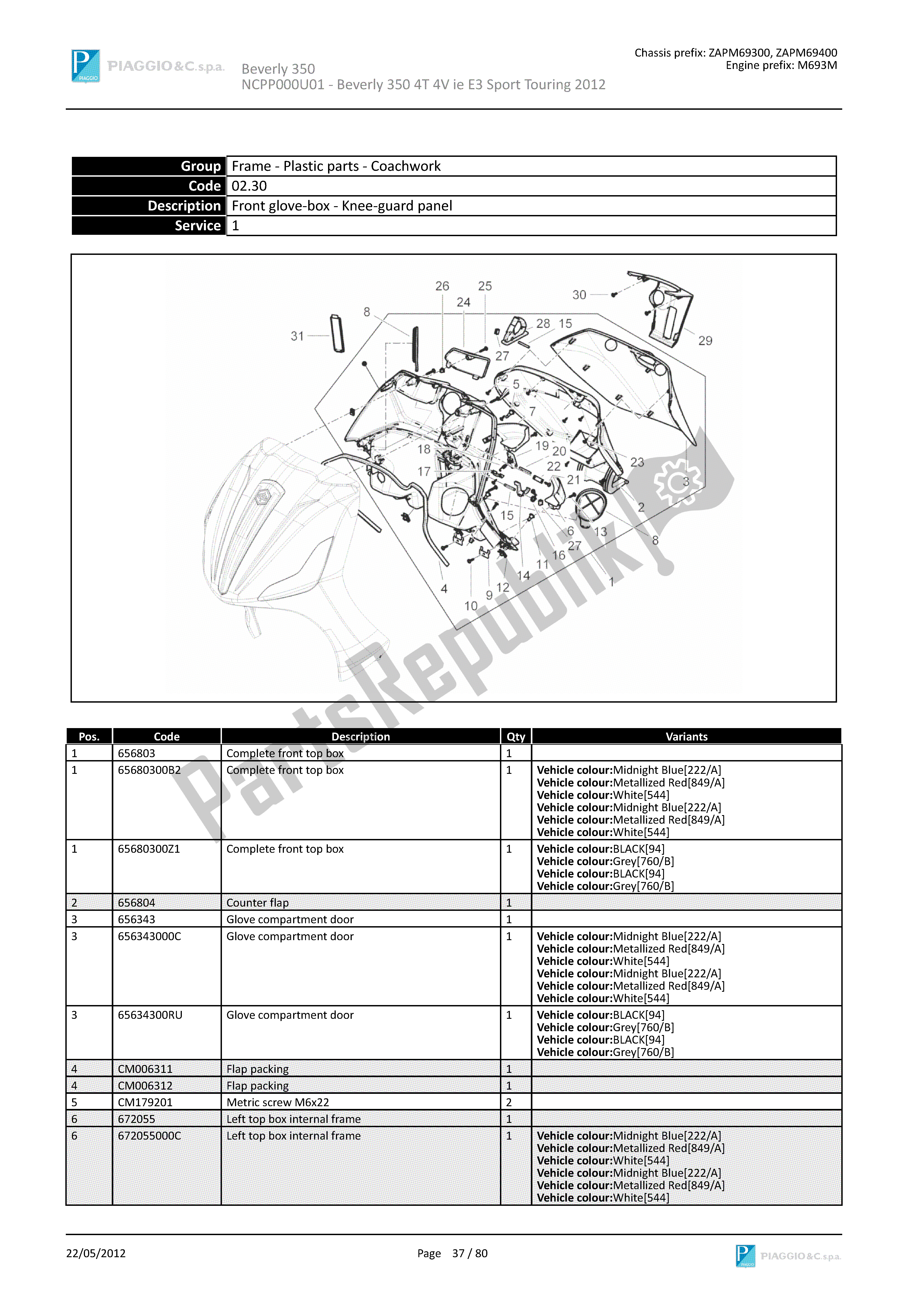 Alle onderdelen voor de Dashboardkastje Voor - Kniebeschermer van de Piaggio Beverly 350 2011 - 2014