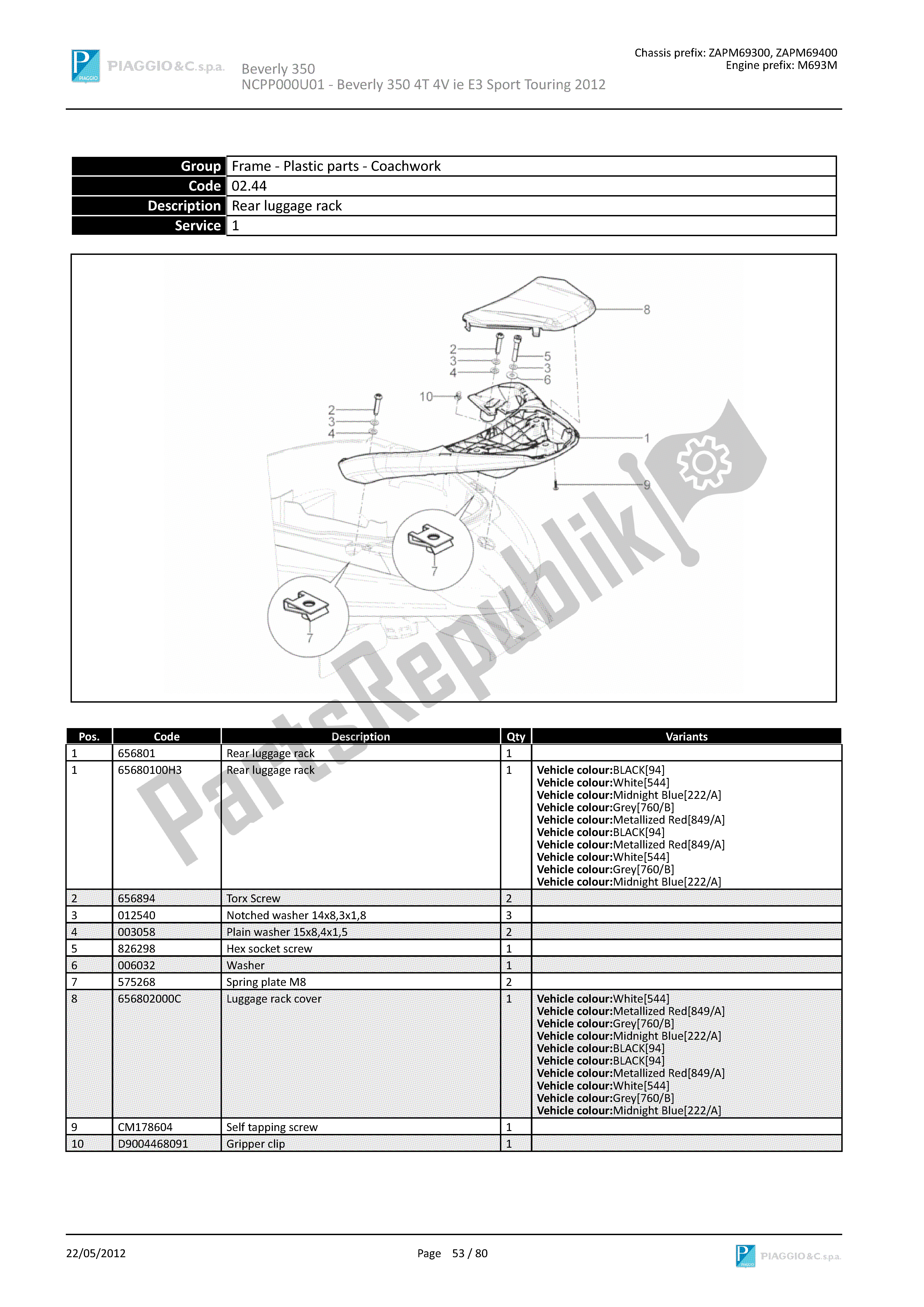 Tutte le parti per il Portapacchi Posteriore del Piaggio Beverly 350 2011 - 2014