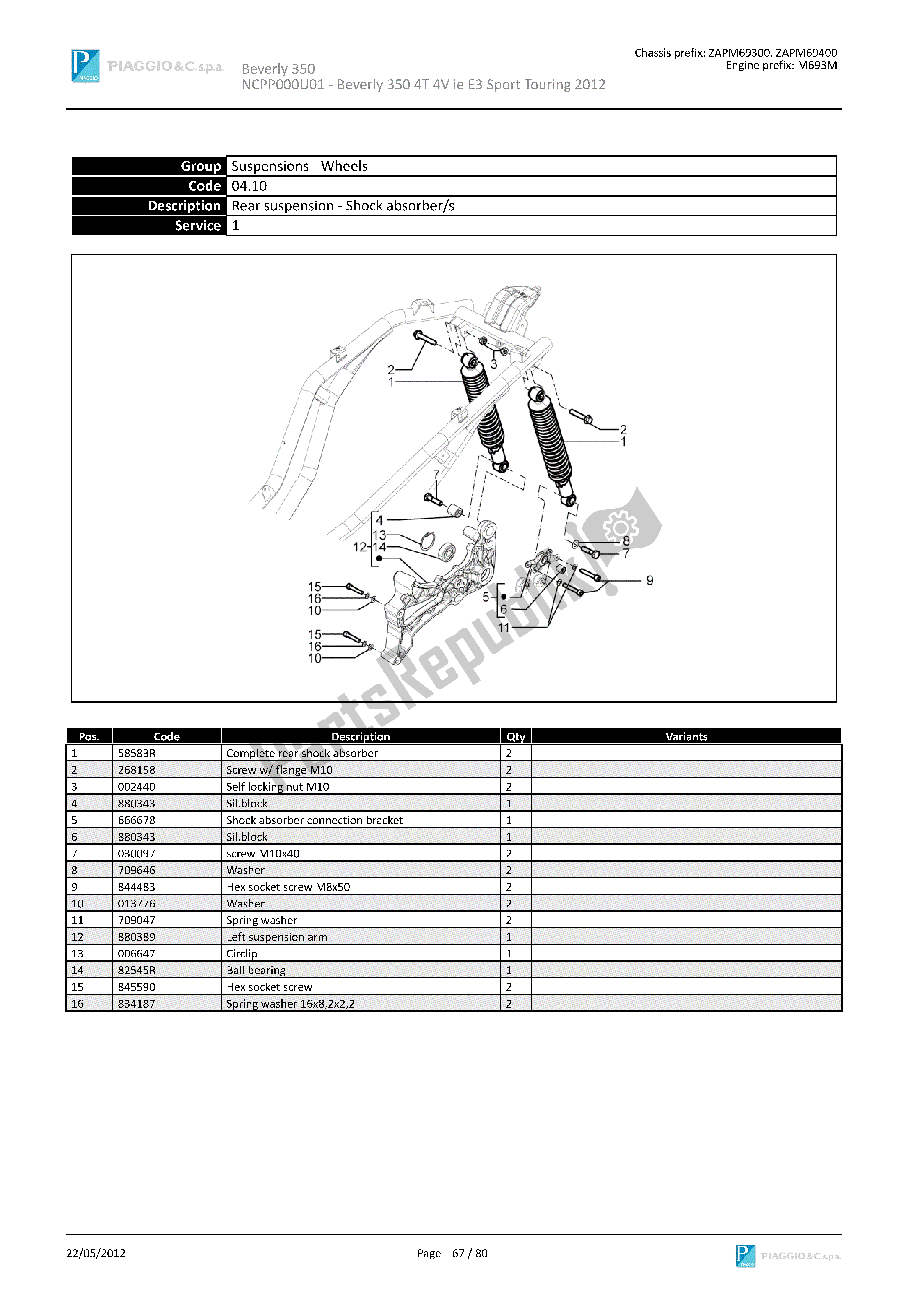 Todas las partes para Suspensión Trasera - Amortiguador / S de Piaggio Beverly 350 2011 - 2014