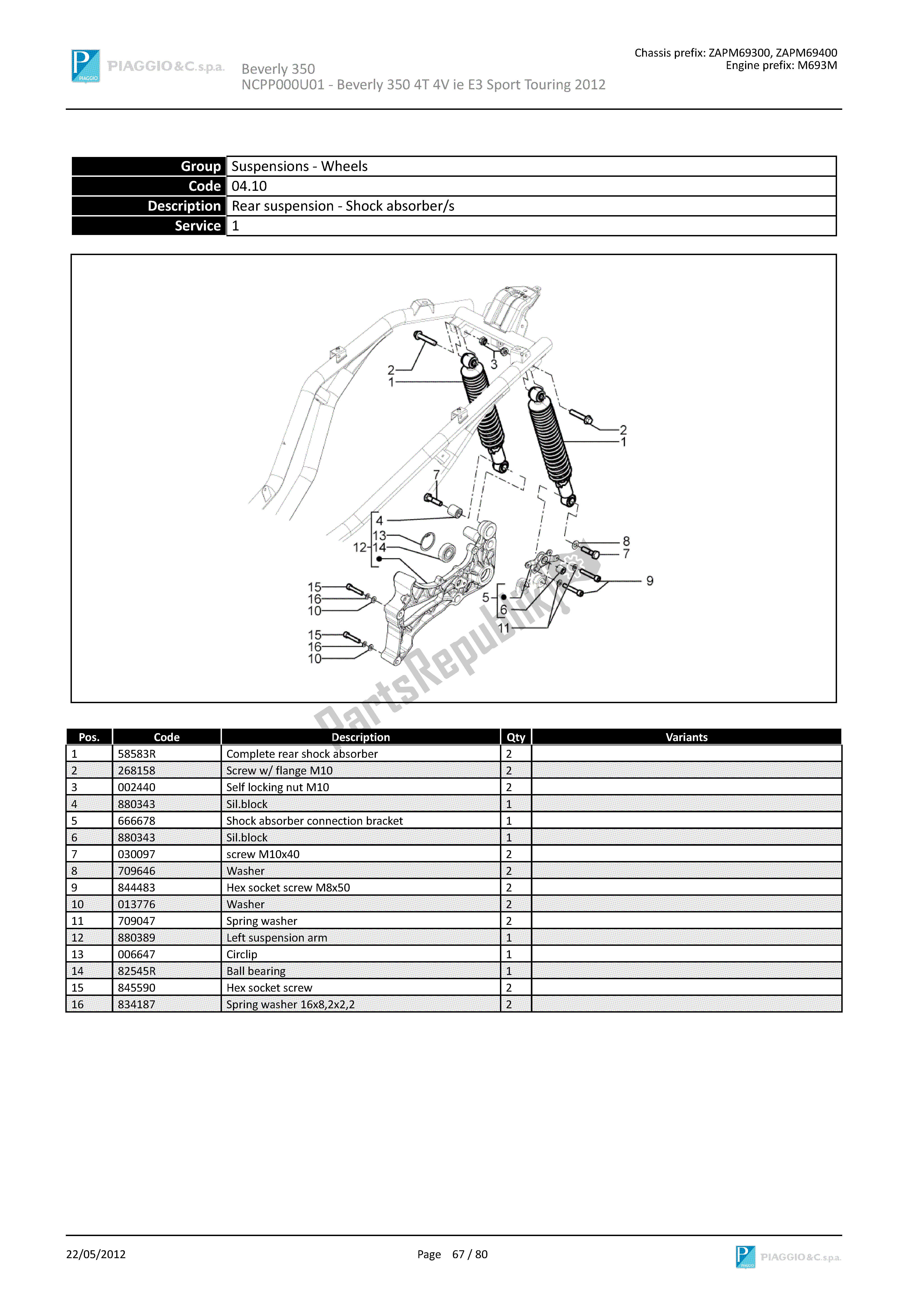 Toutes les pièces pour le Suspension Arrière - Amortisseur / S du Piaggio Beverly 350 2011 - 2014