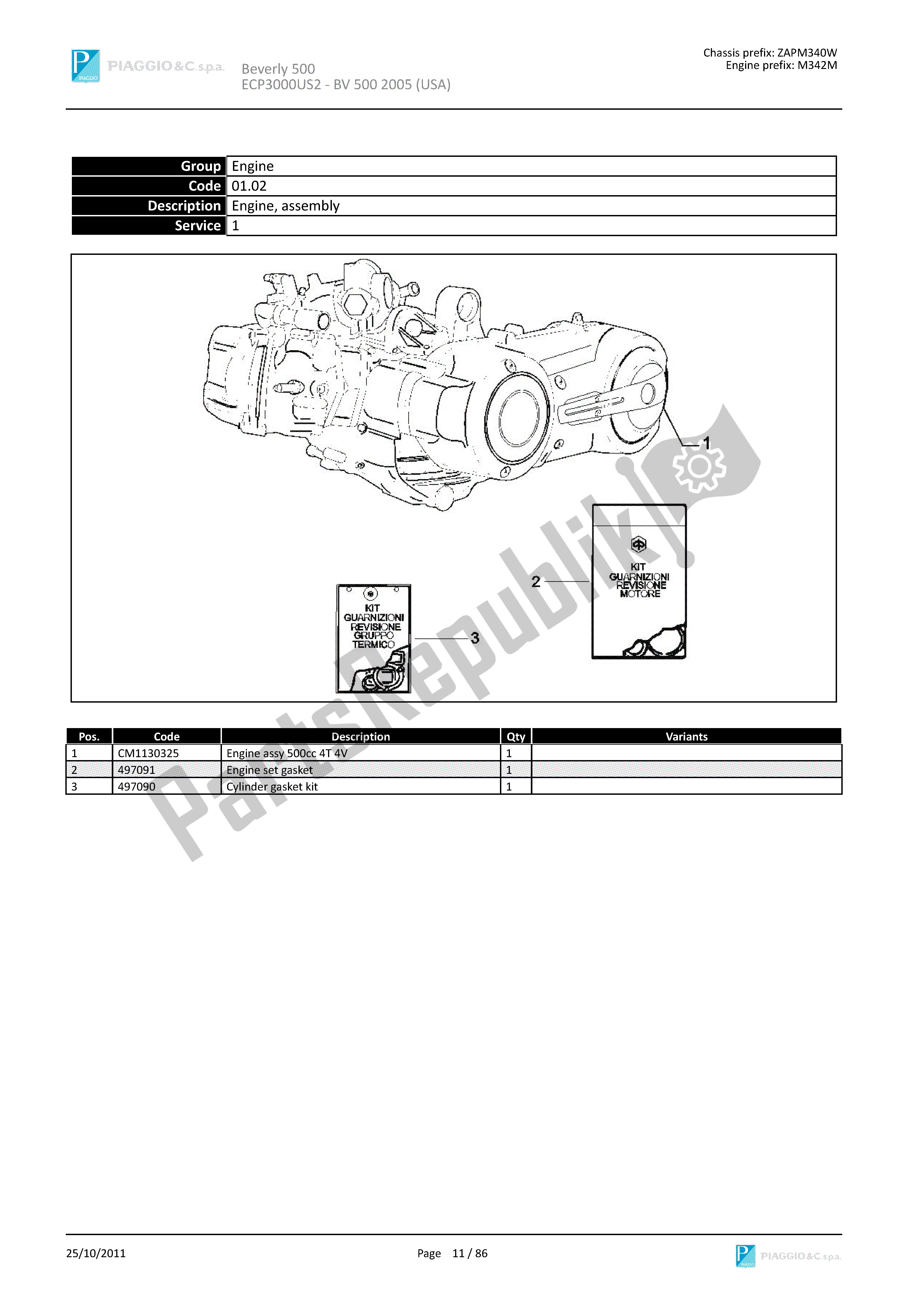 Toutes les pièces pour le Moteur, Assemblage du Piaggio Beverly 500 2005 - 2006