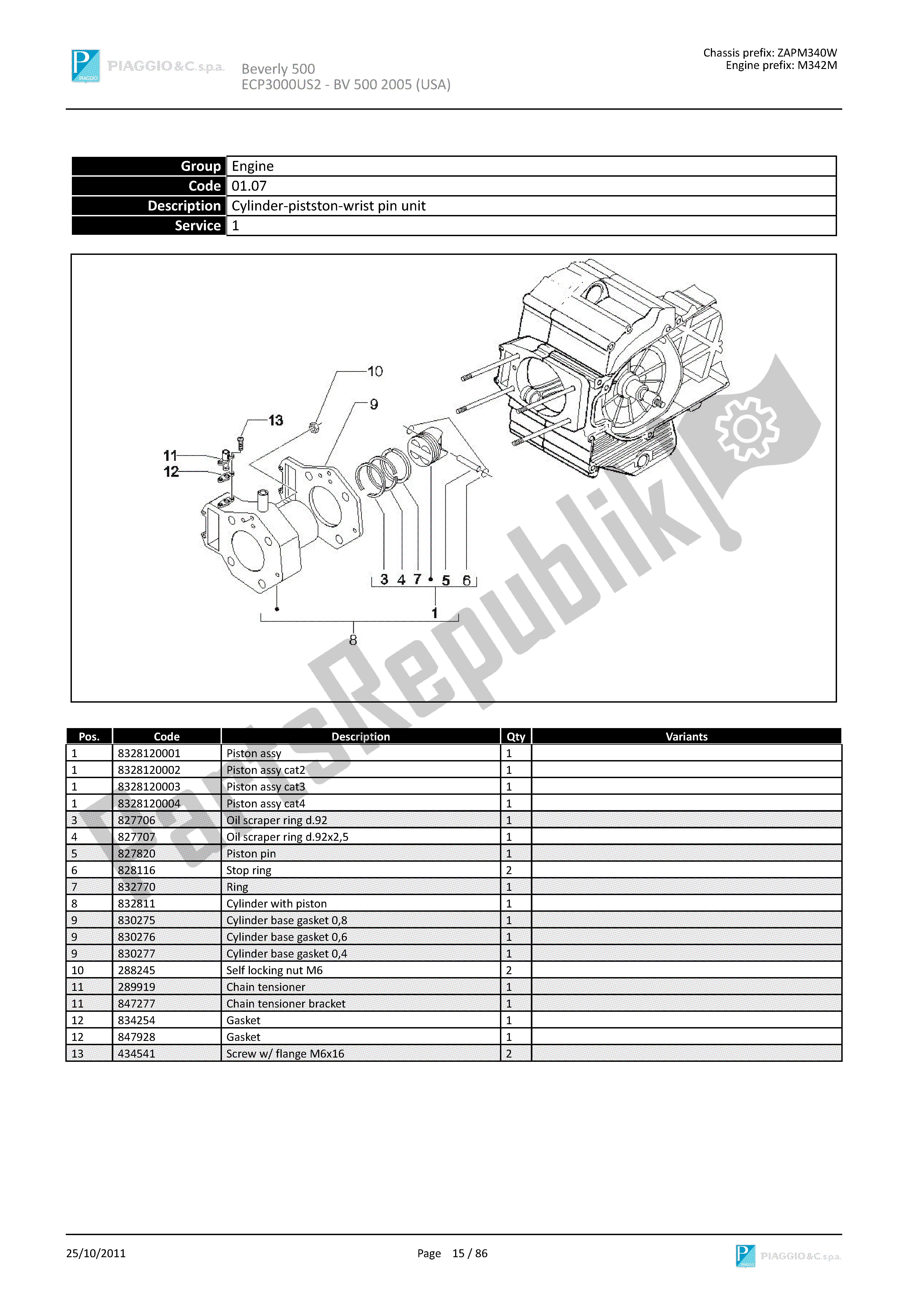 Todas las partes para Unidad De Pasador Cilindro-pistón-muñeca de Piaggio Beverly 500 2005 - 2006