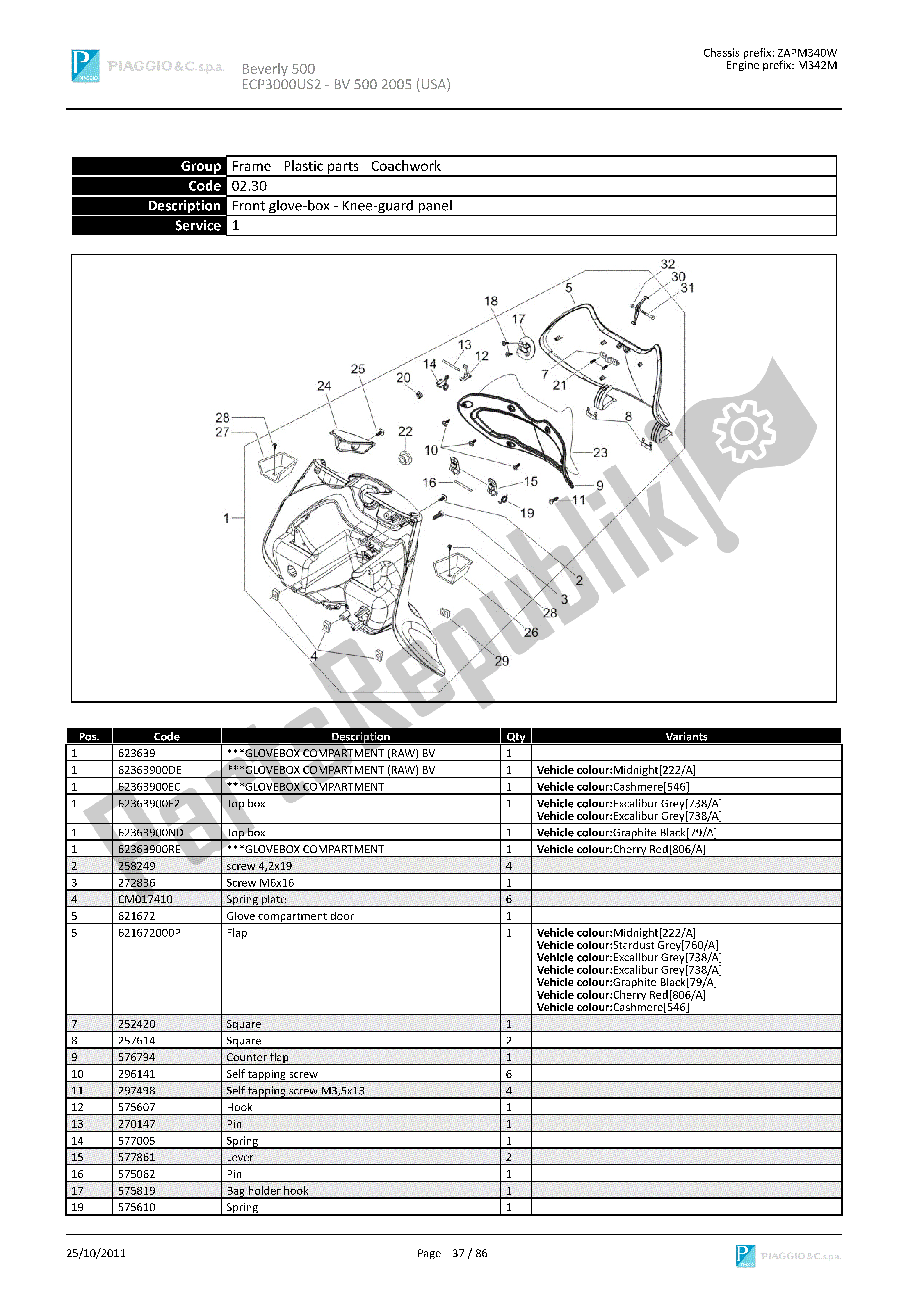 Toutes les pièces pour le Boîte à Gants Avant - Panneau De Protection Des Genoux du Piaggio Beverly 500 2005 - 2006