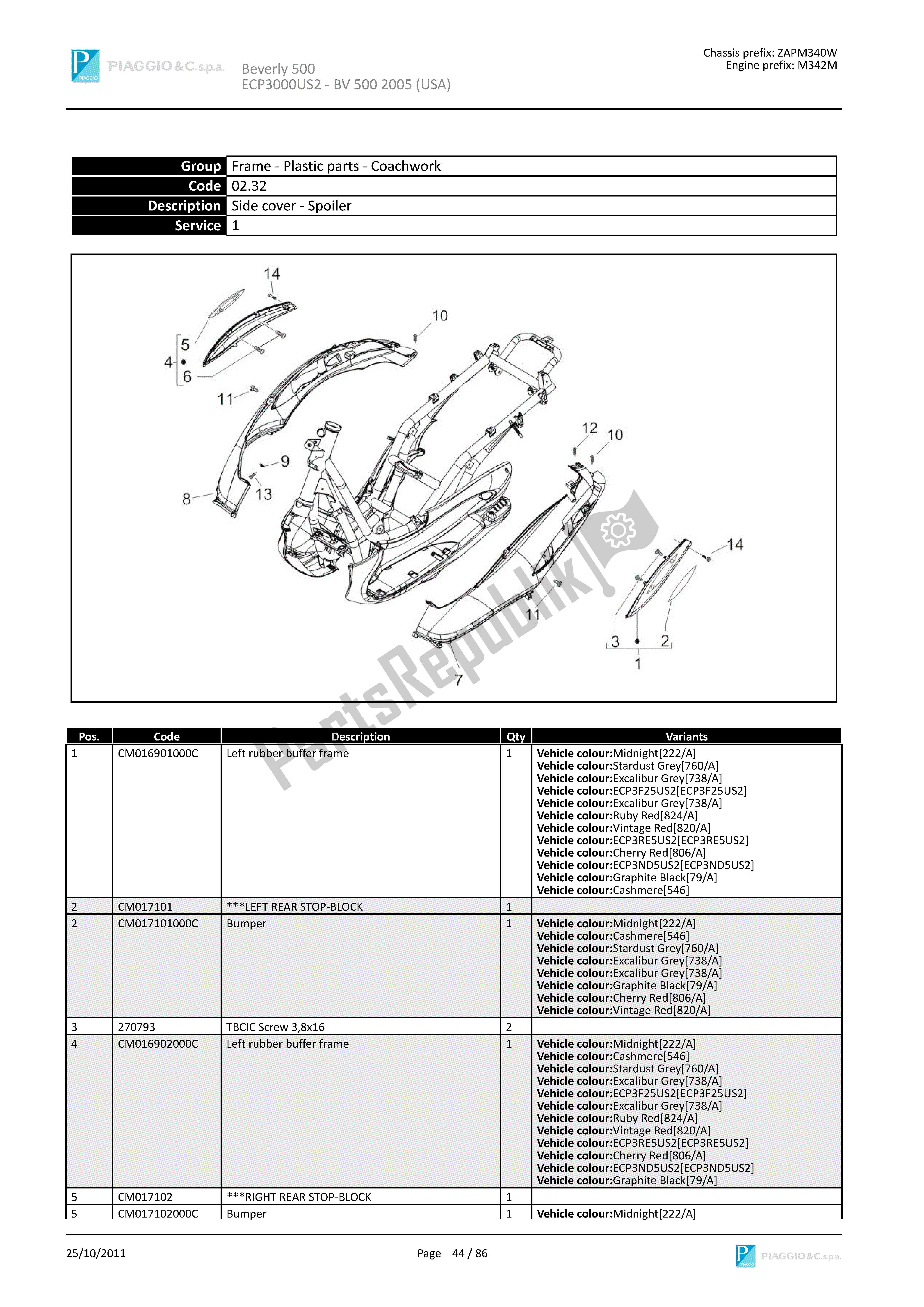 Todas las partes para Cubierta Lateral - Alerón de Piaggio Beverly 500 2005 - 2006