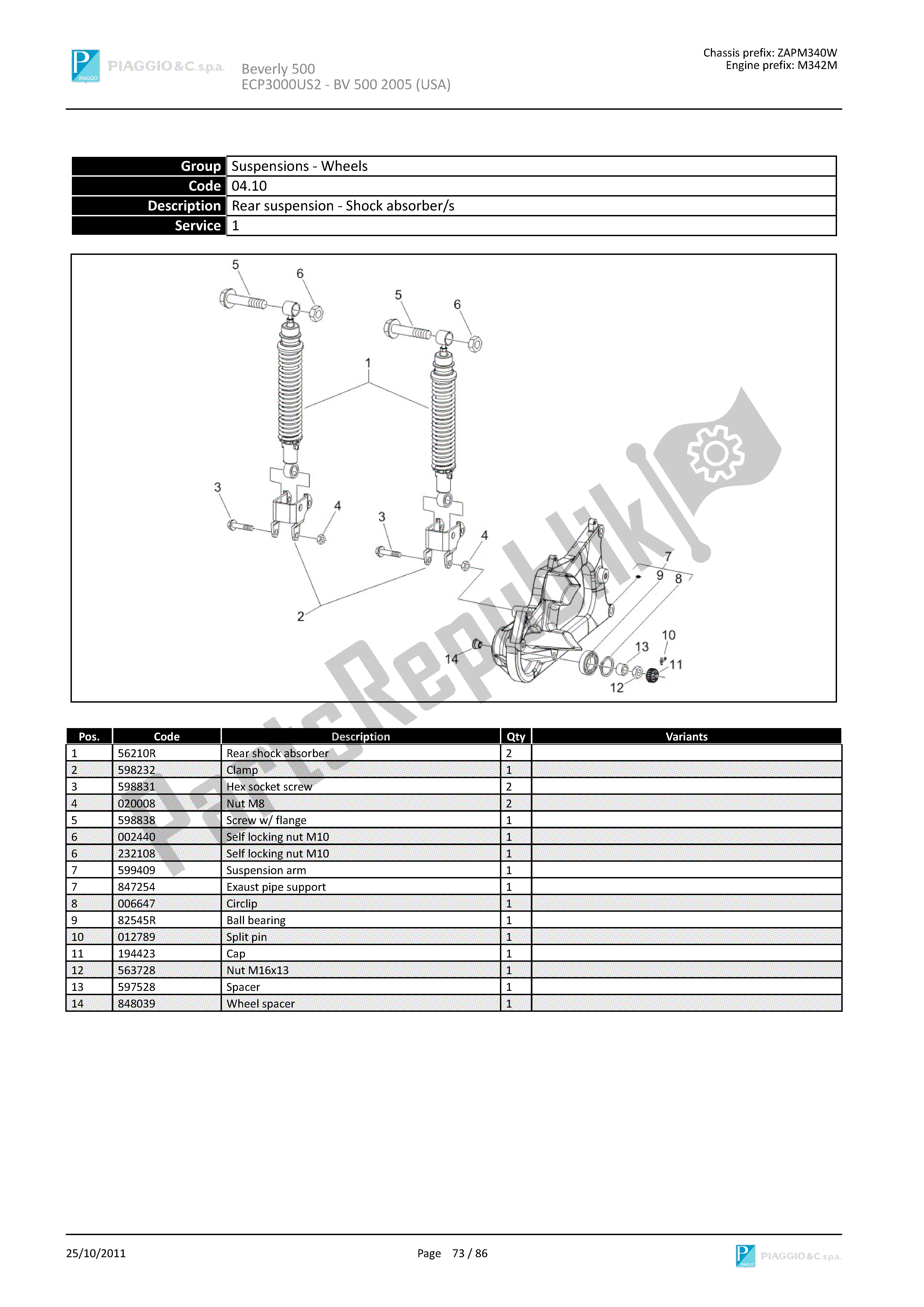 Todas las partes para Suspensión Trasera - Amortiguador / S de Piaggio Beverly 500 2005 - 2006