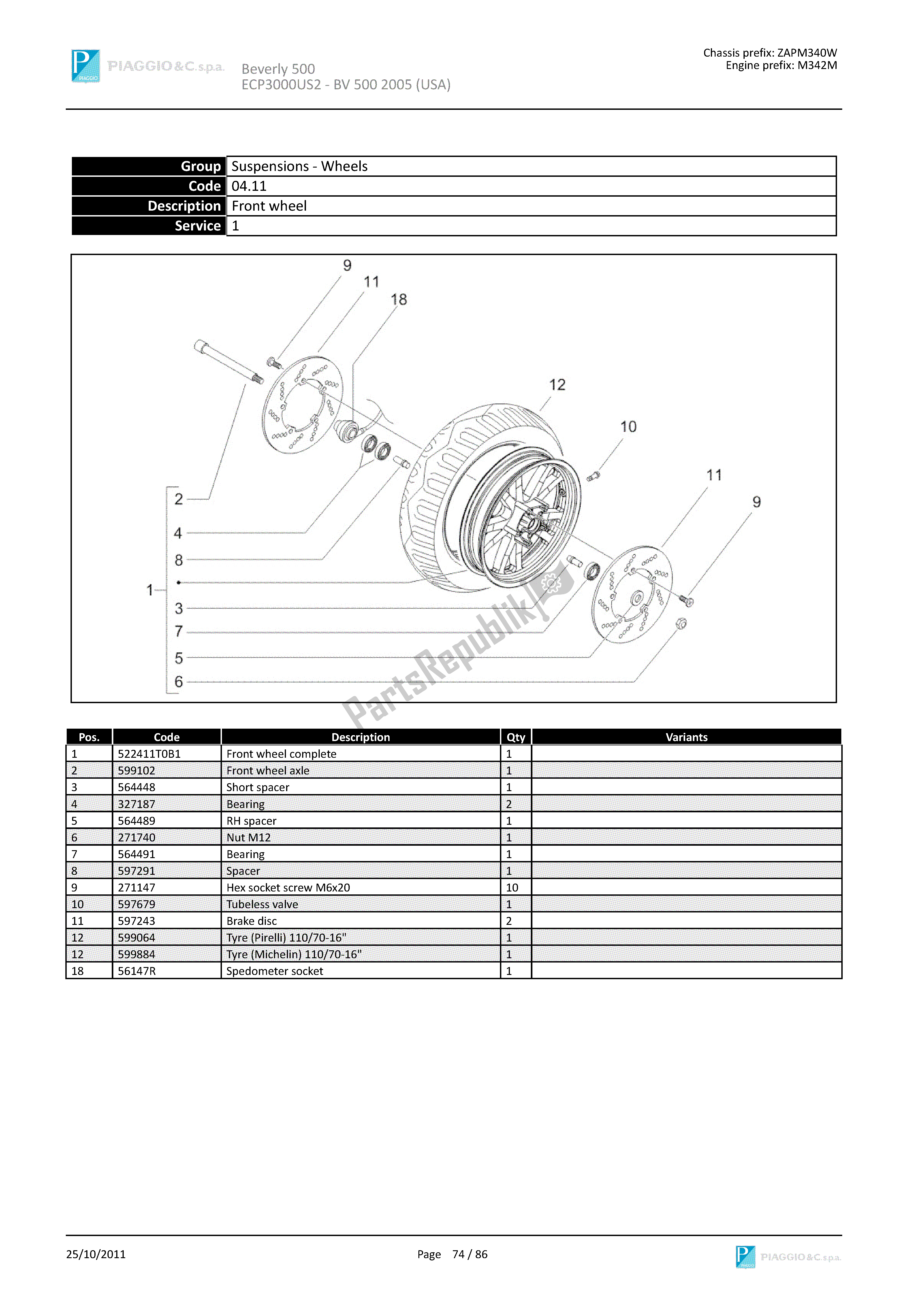 Toutes les pièces pour le Roue Avant du Piaggio Beverly 500 2005 - 2006