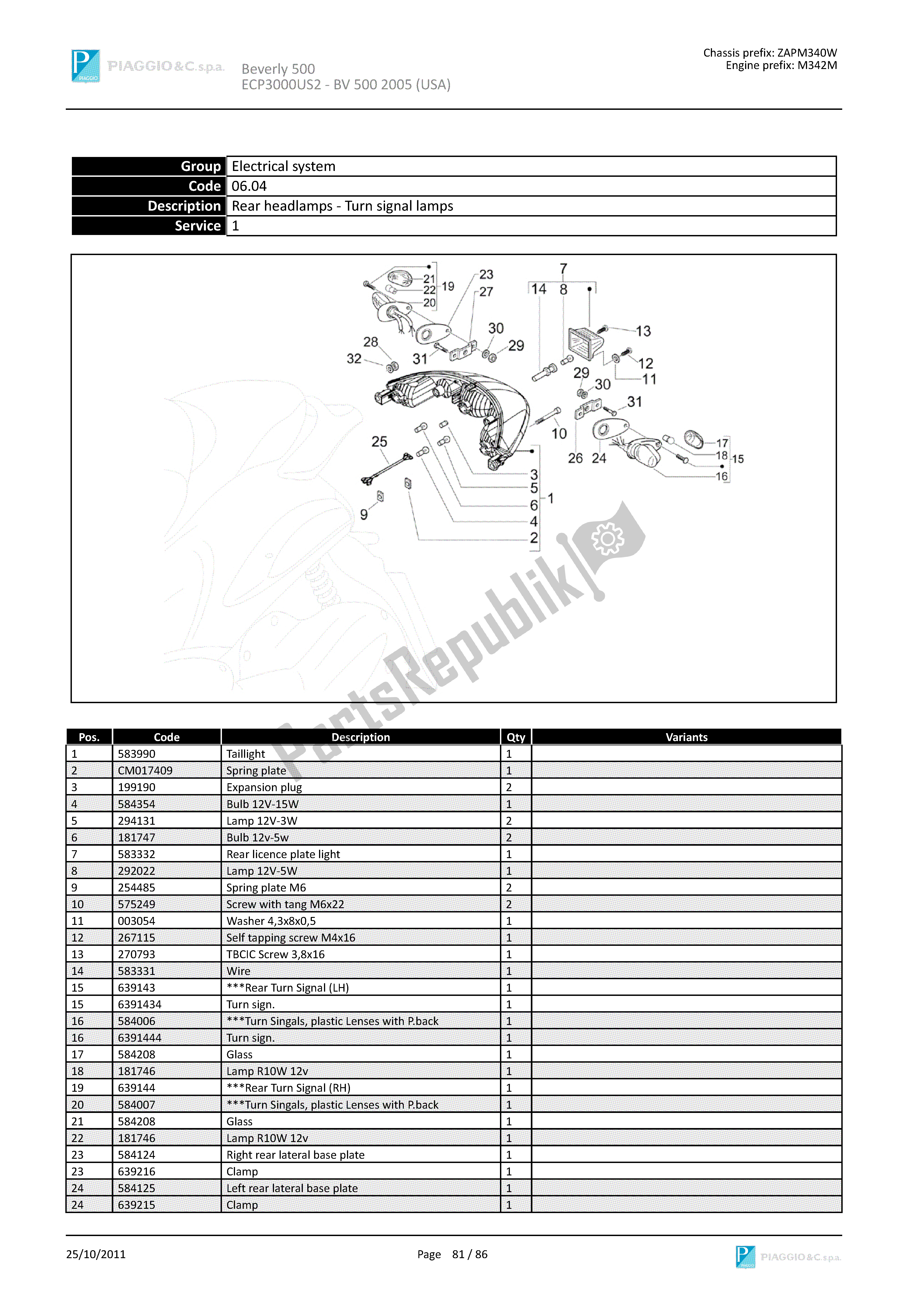 Todas las partes para Faros Traseros - Luces Intermitentes de Piaggio Beverly 500 2005 - 2006