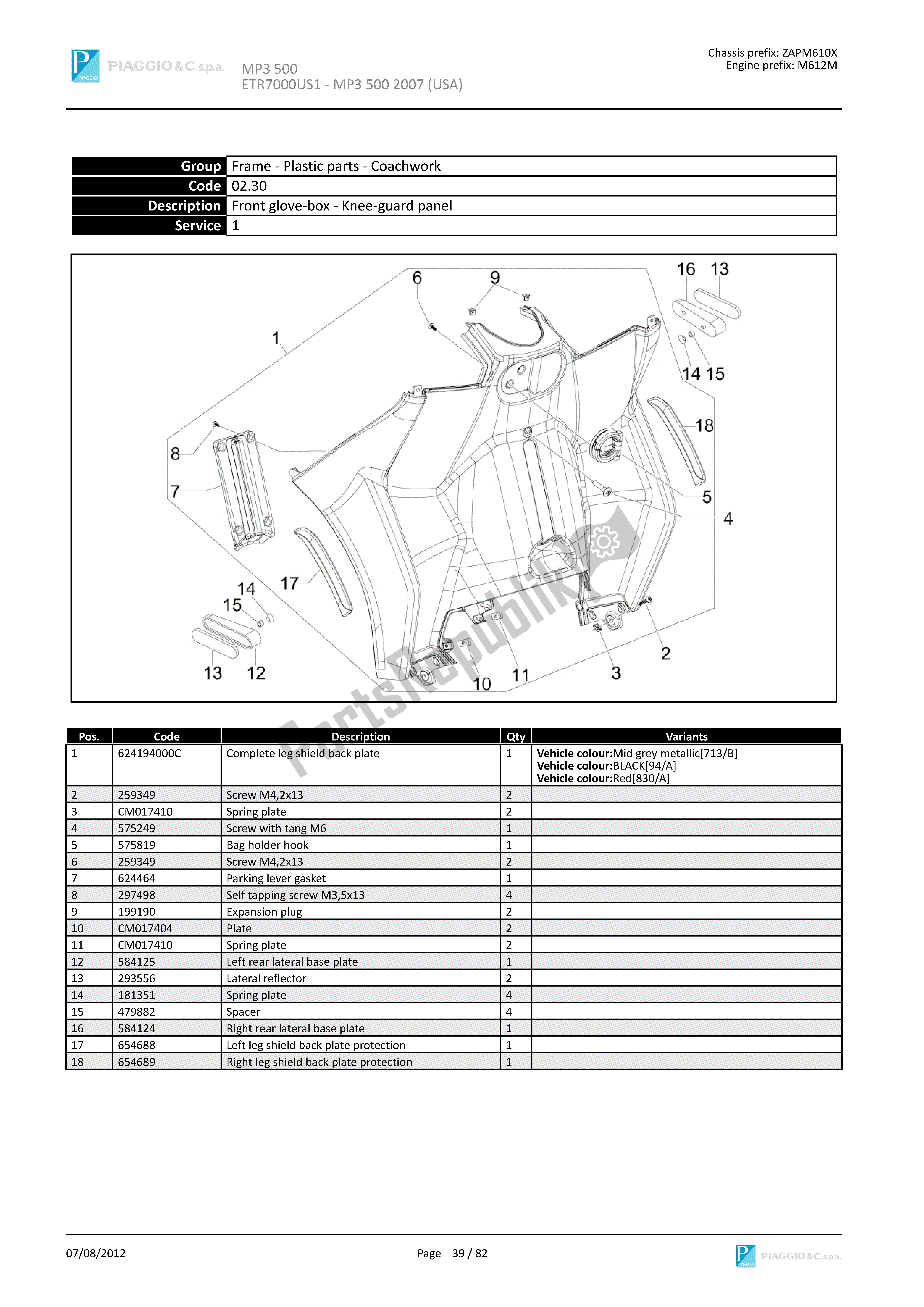 Alle onderdelen voor de Dashboardkastje Voor - Kniebeschermer van de Piaggio MP3 500 2007