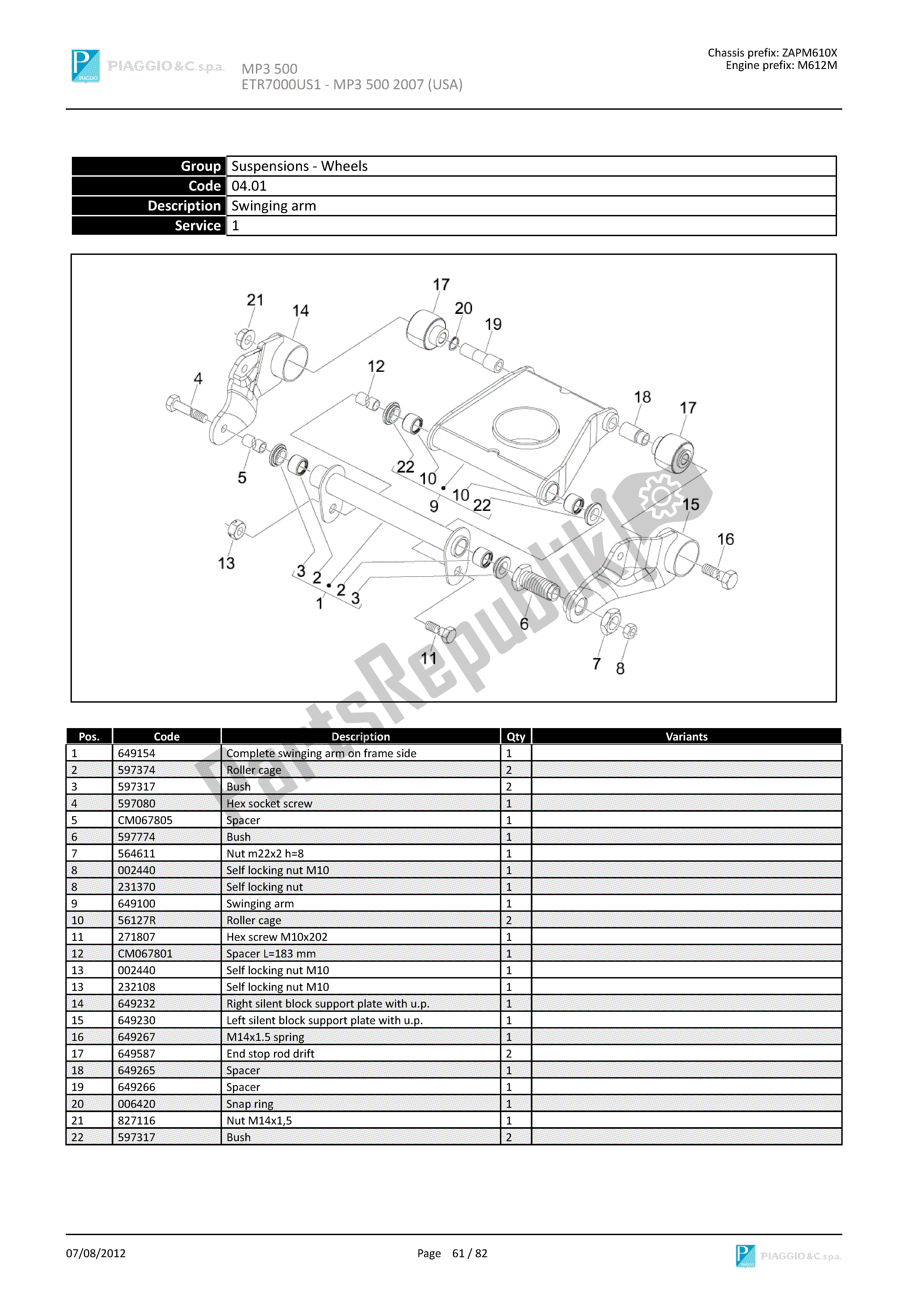 Todas las partes para Brazo Oscilante de Piaggio MP3 500 2007