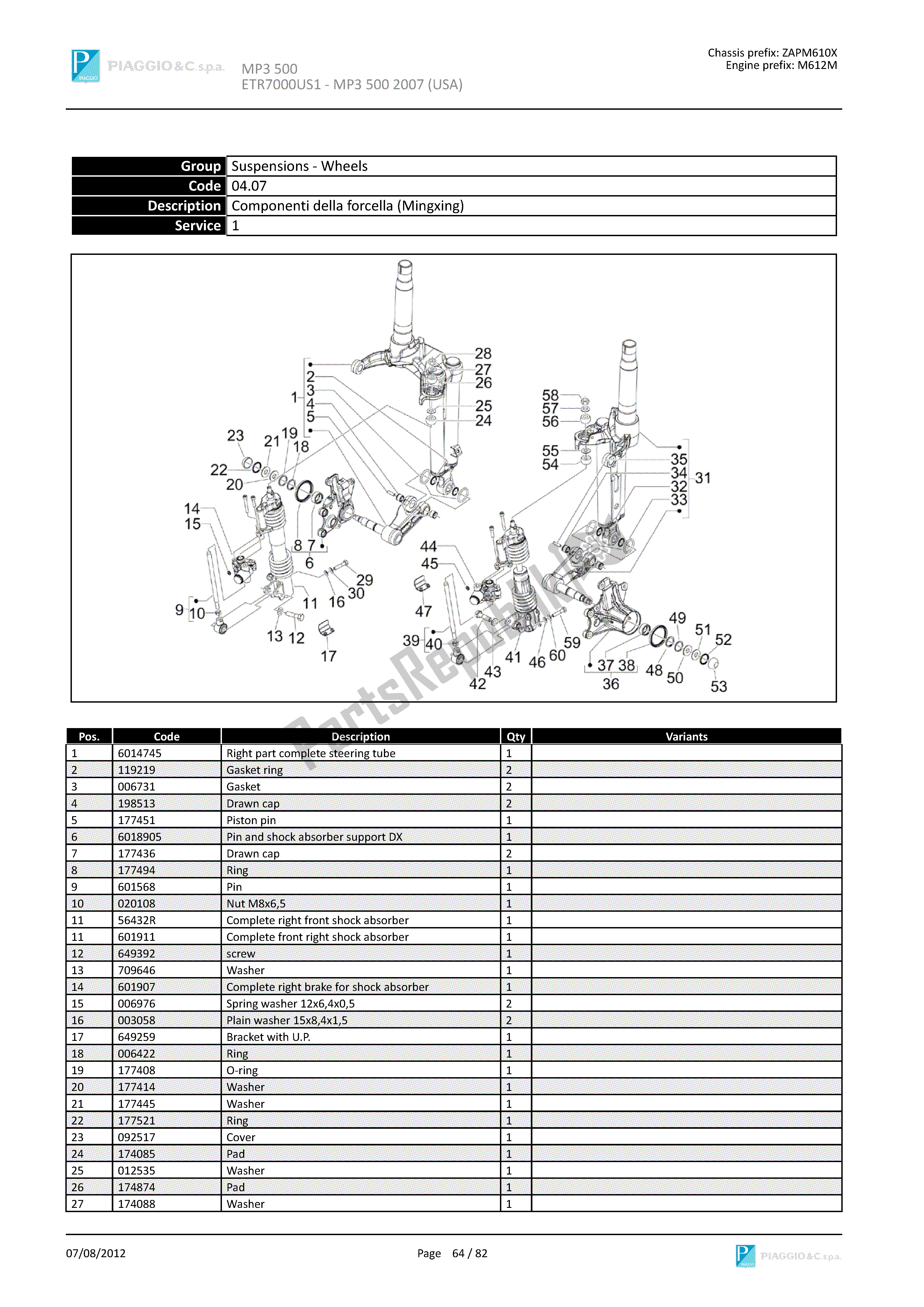 Todas as partes de Componenti Della Forcella (mistura) do Piaggio MP3 500 2007