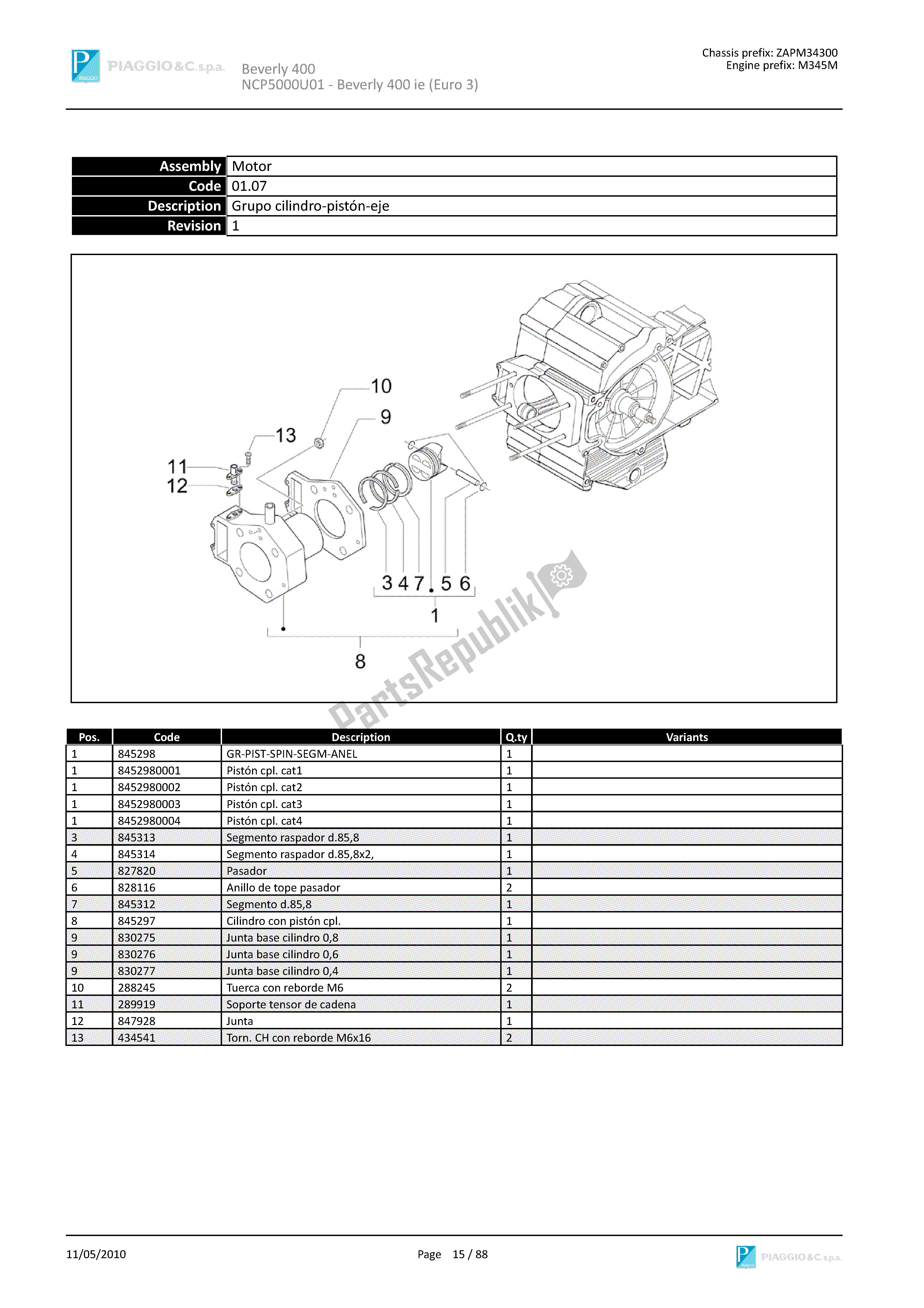 Todas las partes para Grupo Cilindro-pistón-eje de Piaggio Beverly 400 2006 - 2007