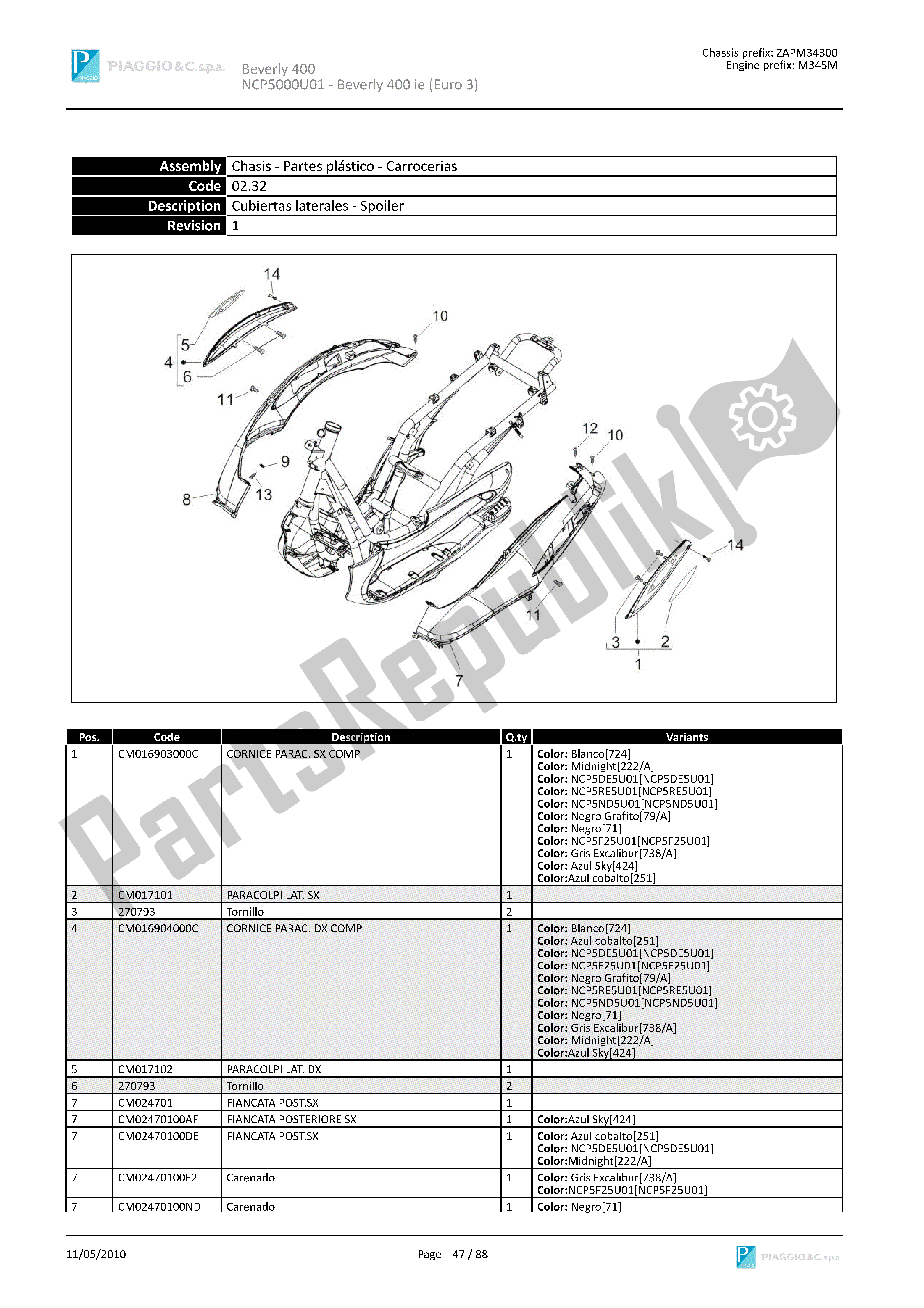 Todas as partes de Cubiertas Laterales-spoiler do Piaggio Beverly 400 2006 - 2007