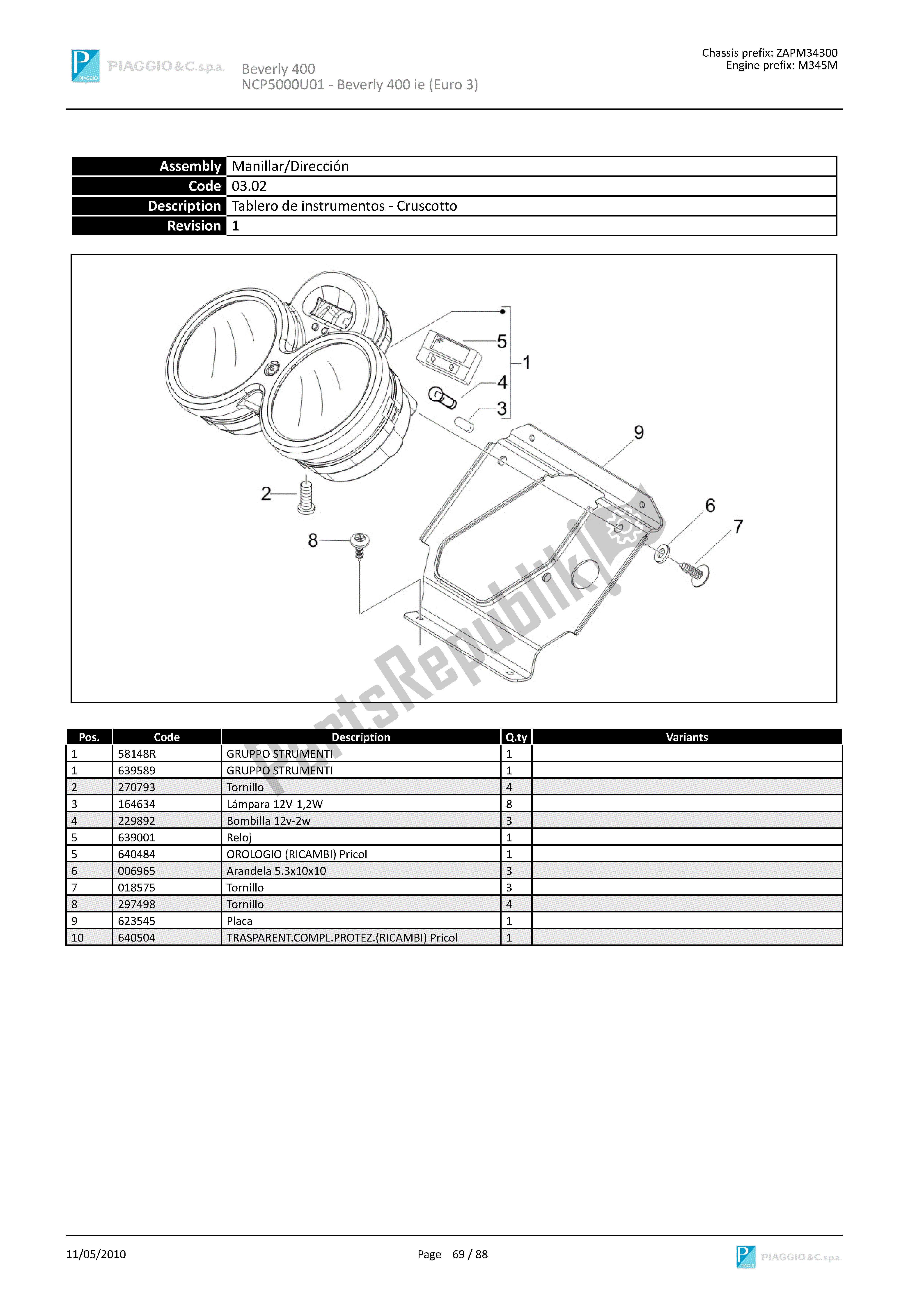 Todas las partes para Tablero De Instrumentos-cruscotto de Piaggio Beverly 400 2006 - 2007