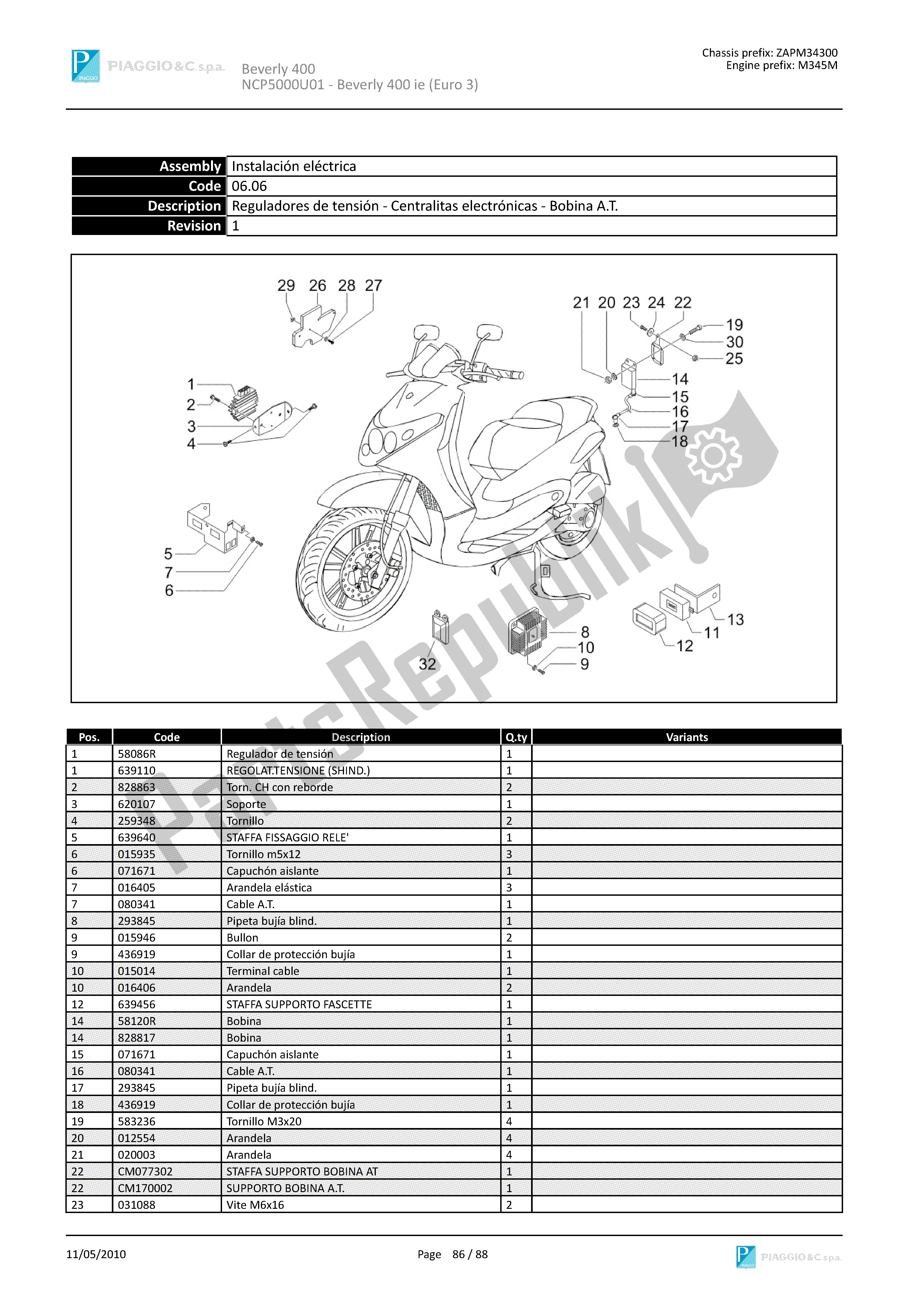 Todas as partes de Reguladores De Tensión-centralitas Electrónicas-bobina A. T. Do Piaggio Beverly 400 2006 - 2007